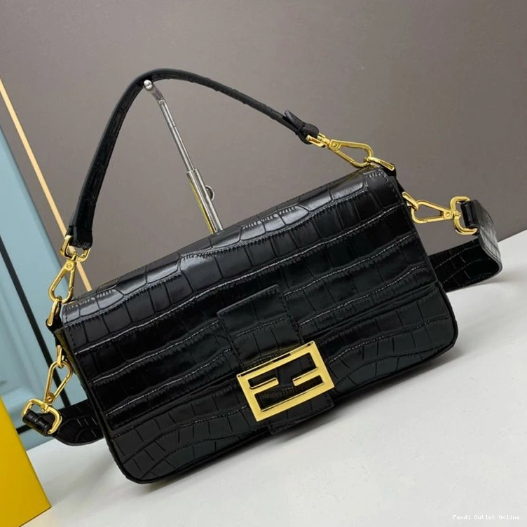 Affordable Crocodile Leather Black In Medium Baguette Fendi Bag 0724